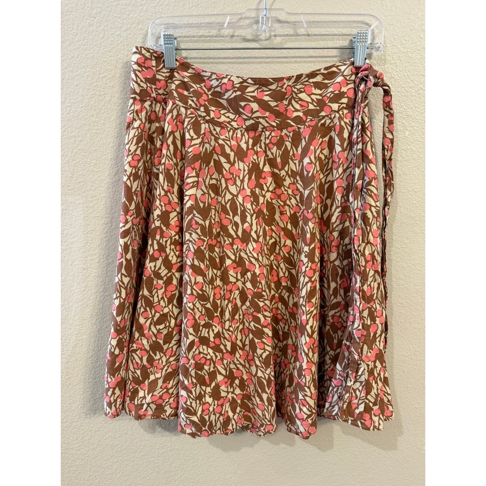 Tibi Wrap Skirt Womens Brown Pink Floral Cotton Excellent Knee Length A-Line